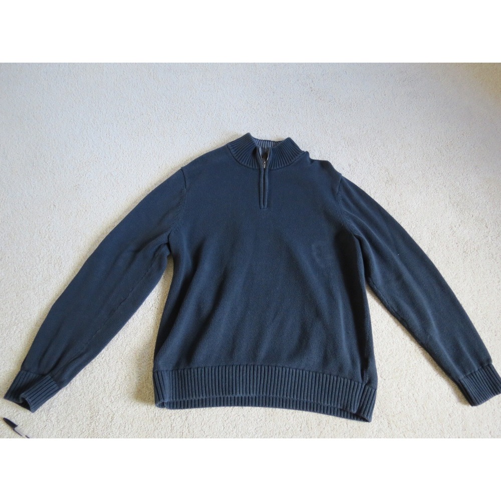 LL Bean Mens Quarter Zip Sweater Pullover Blue Black Cotton Large 287736